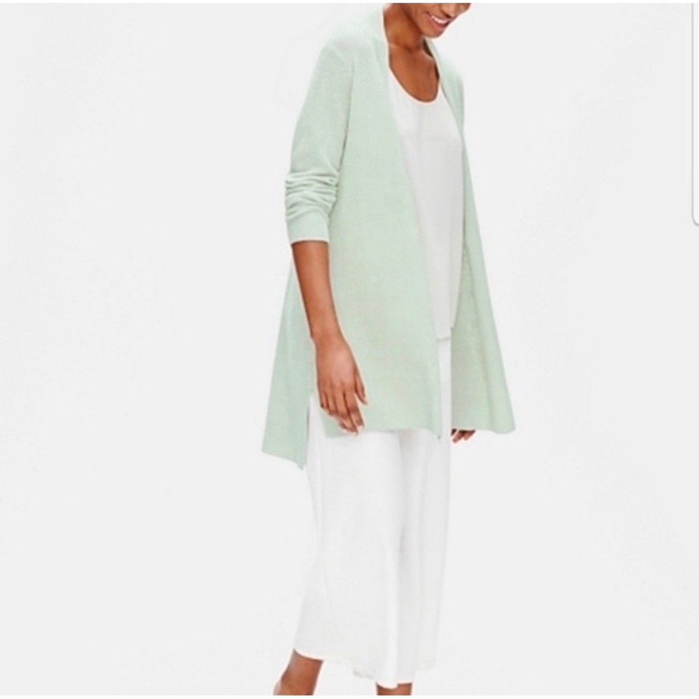 Eileen Fisher Open Front Long Linen‎ Blend Mint Green Cardigan Women's Small
